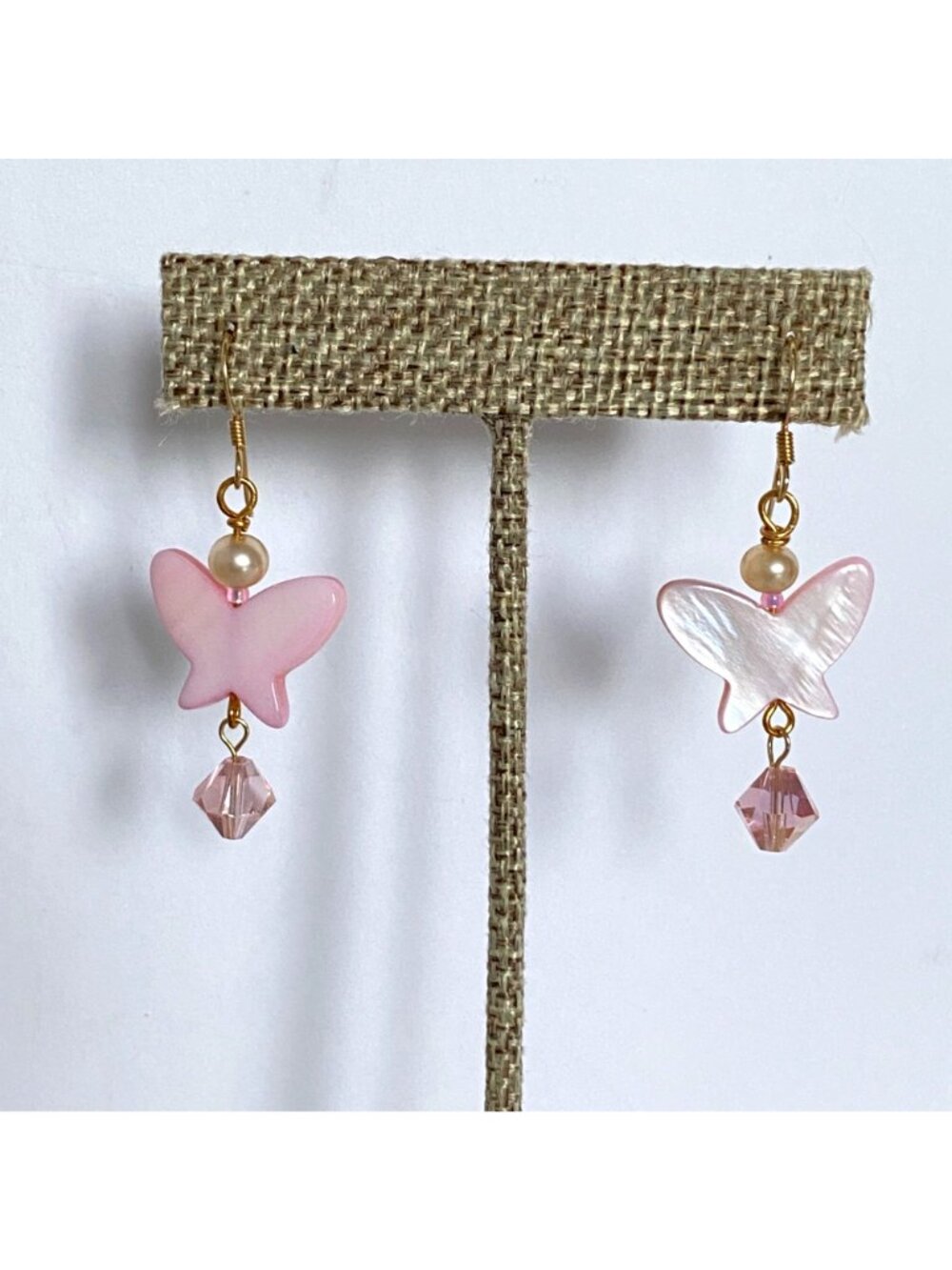 Pink MOP Butterfly Pearls Swarovski Crystal Gold Filled Dangle Pierced Earrings - Picture 3 of 3